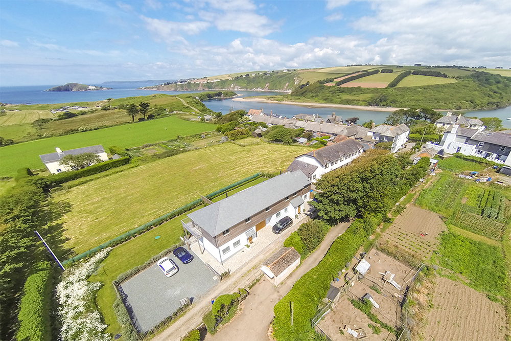 Aerial view of Bantham village showing location of Sloopside